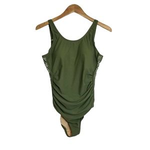 Sea & Sand Beachwear Olive Green Rouched One Piece Tank Swimsuit Size 12